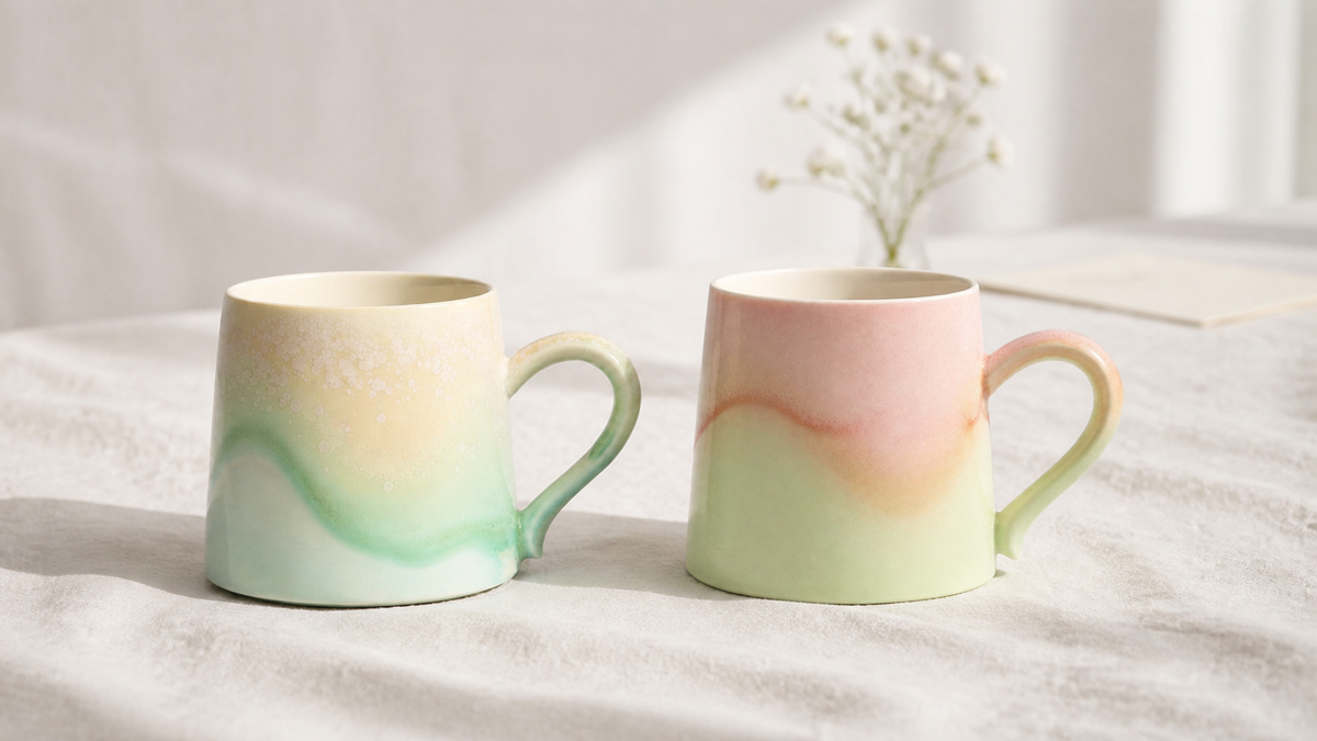 Two individual Cheralle Tide mugs on neutral linen for a wedding coffee mug gift guide